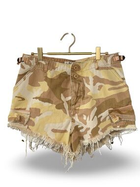 Free People Tan Camo Frayed Cargo Jean Shorts